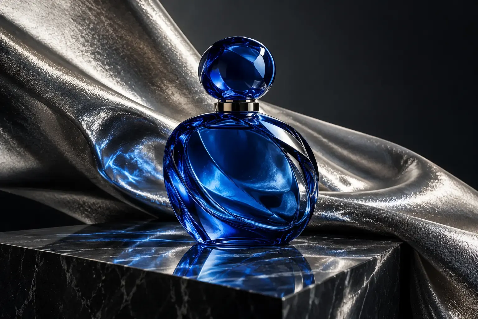 عطر آبی روی سنگ تیره با پارچه نقرهای و نور استودیویی